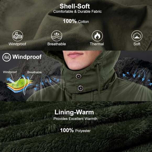 Mens Army Green Thick Winter Jacket Hooded Fleece Lined Cotton Military Coat - Picture 3 of 6